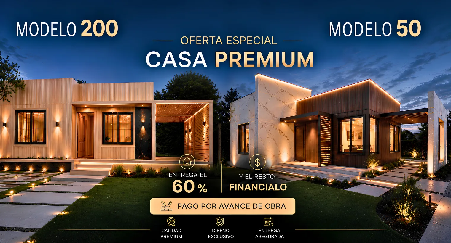 Oferta especial Casa Premium — Modelo 200 y Modelo 50. Entregá el 60% y financiá el resto.